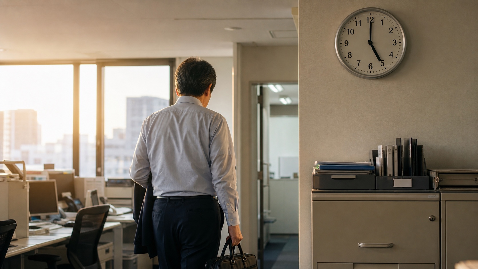 5時を示す時計の下、仕事を終えて会社を出ようとする会社員の後ろ姿