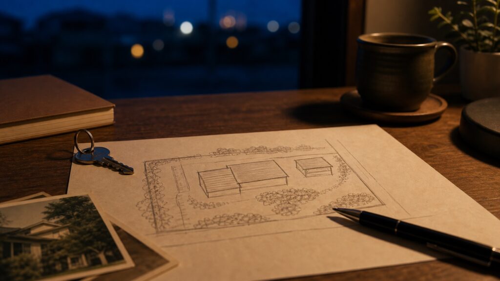 実家の三つの建物を整理するための手描き配置図と鍵