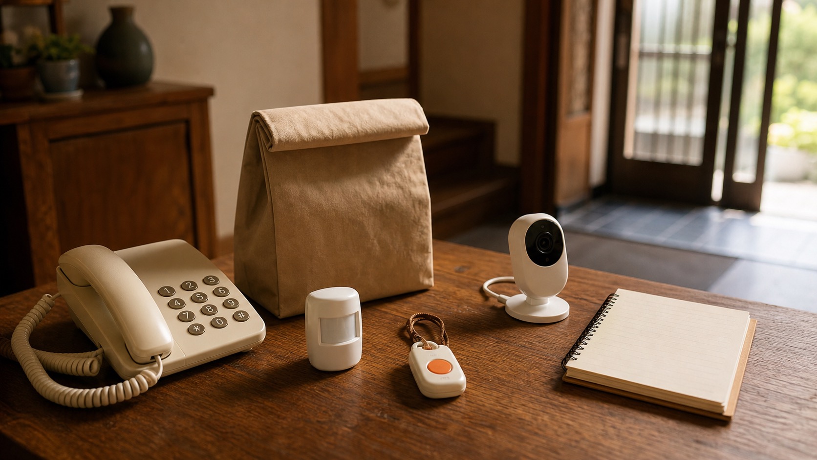 見守りサービスの種類を電話やセンサーなどで整理した卓上の風景