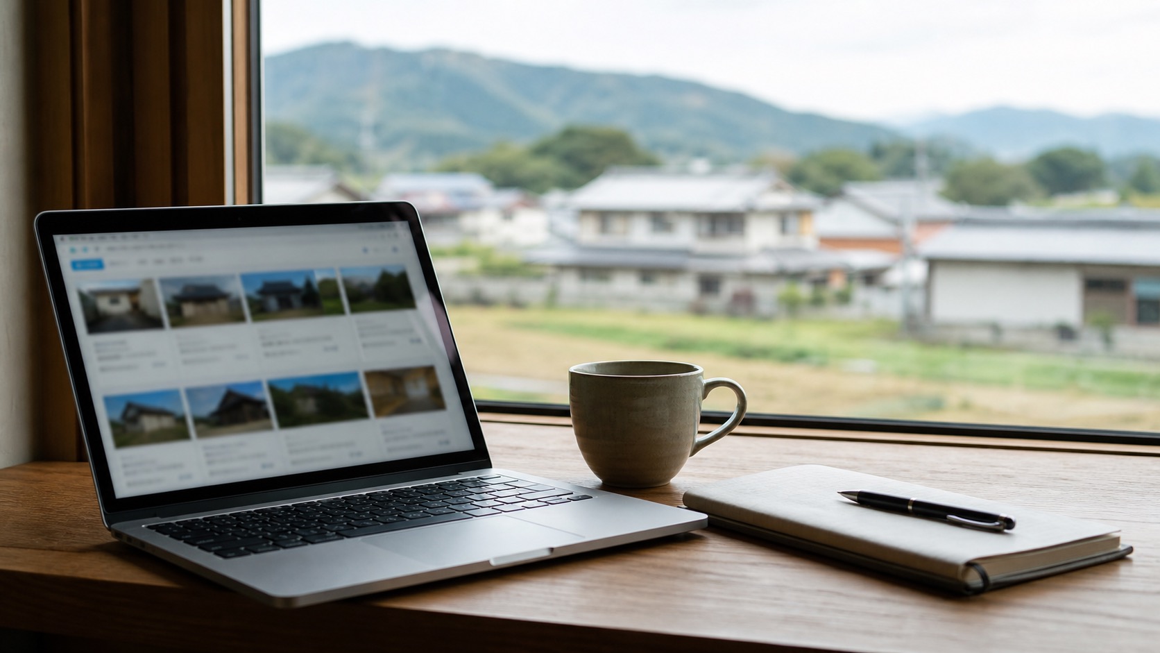 田舎の不動産物件を調べるノートパソコンと窓の外の集落