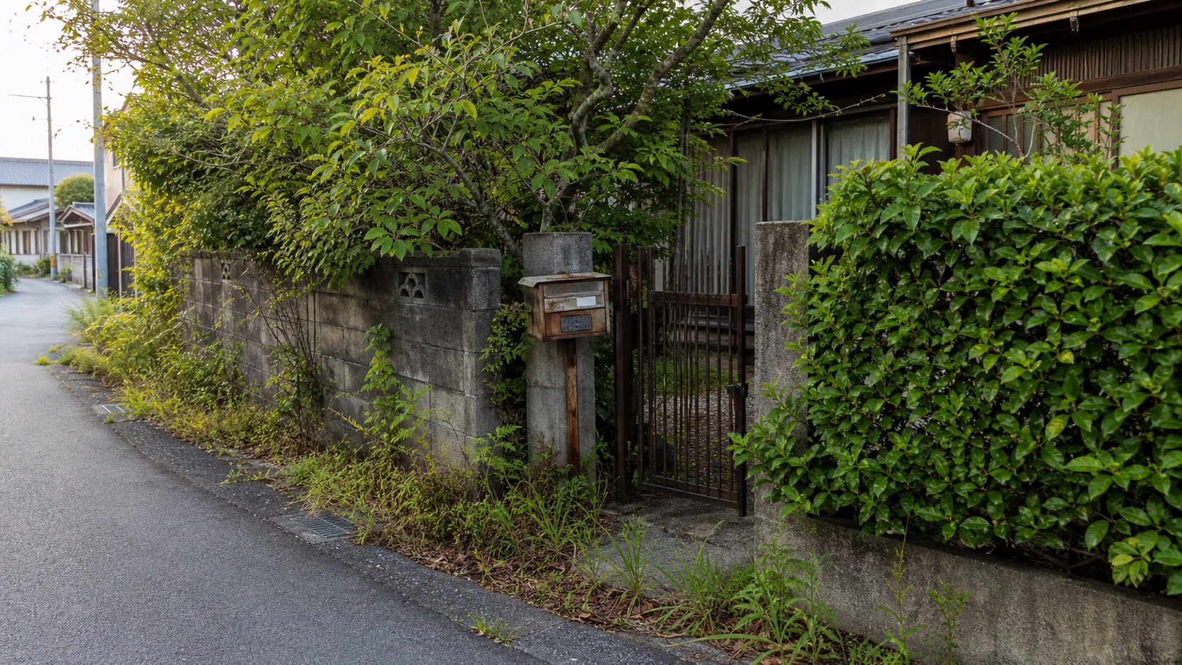 空き家の庭木や垣根が道路側へ伸びて近所に見える様子