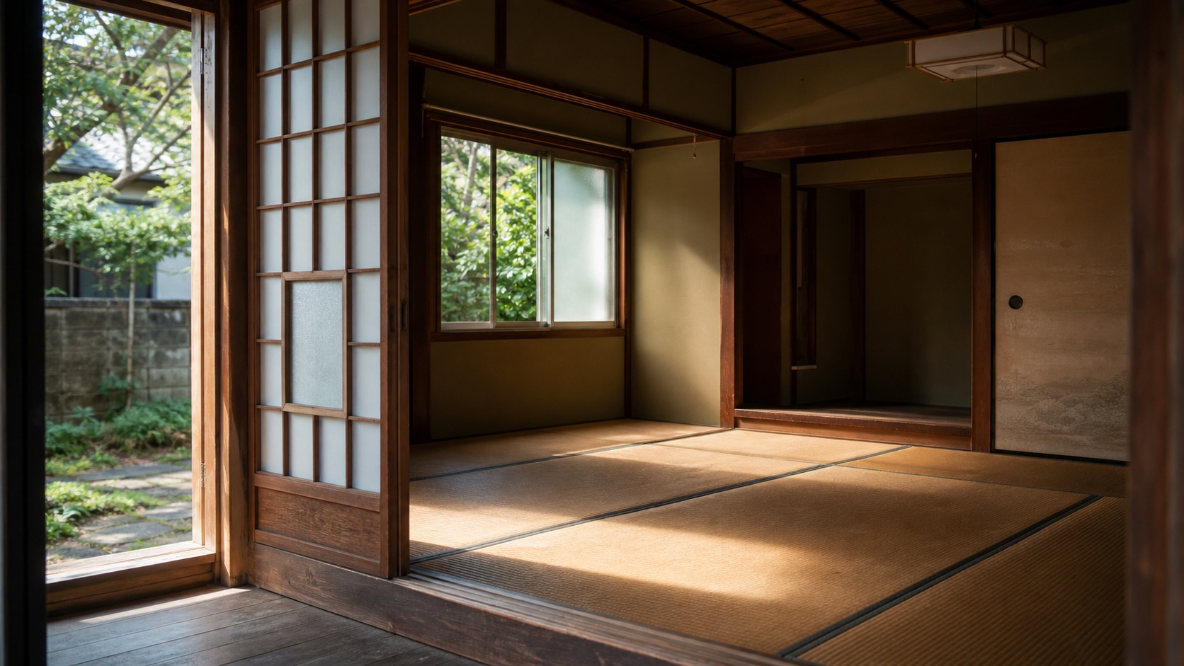 誰も住んでいない実家の母屋を換気する静かな室内