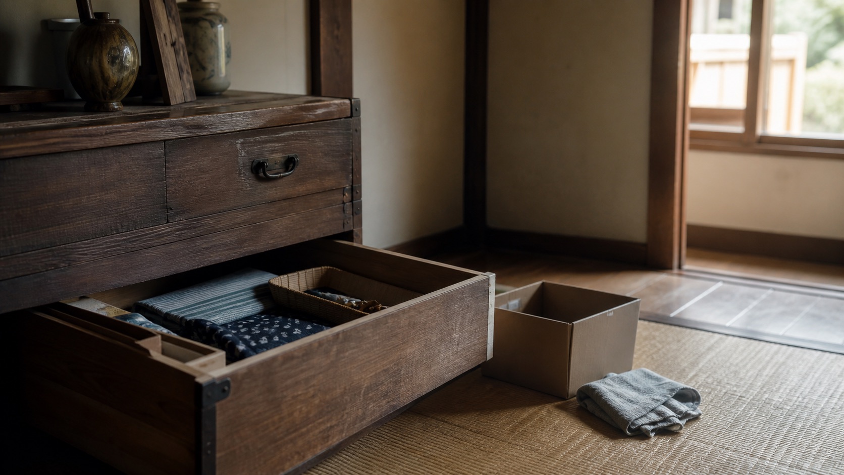 古い引き出しを一段だけ開けて整理する様子