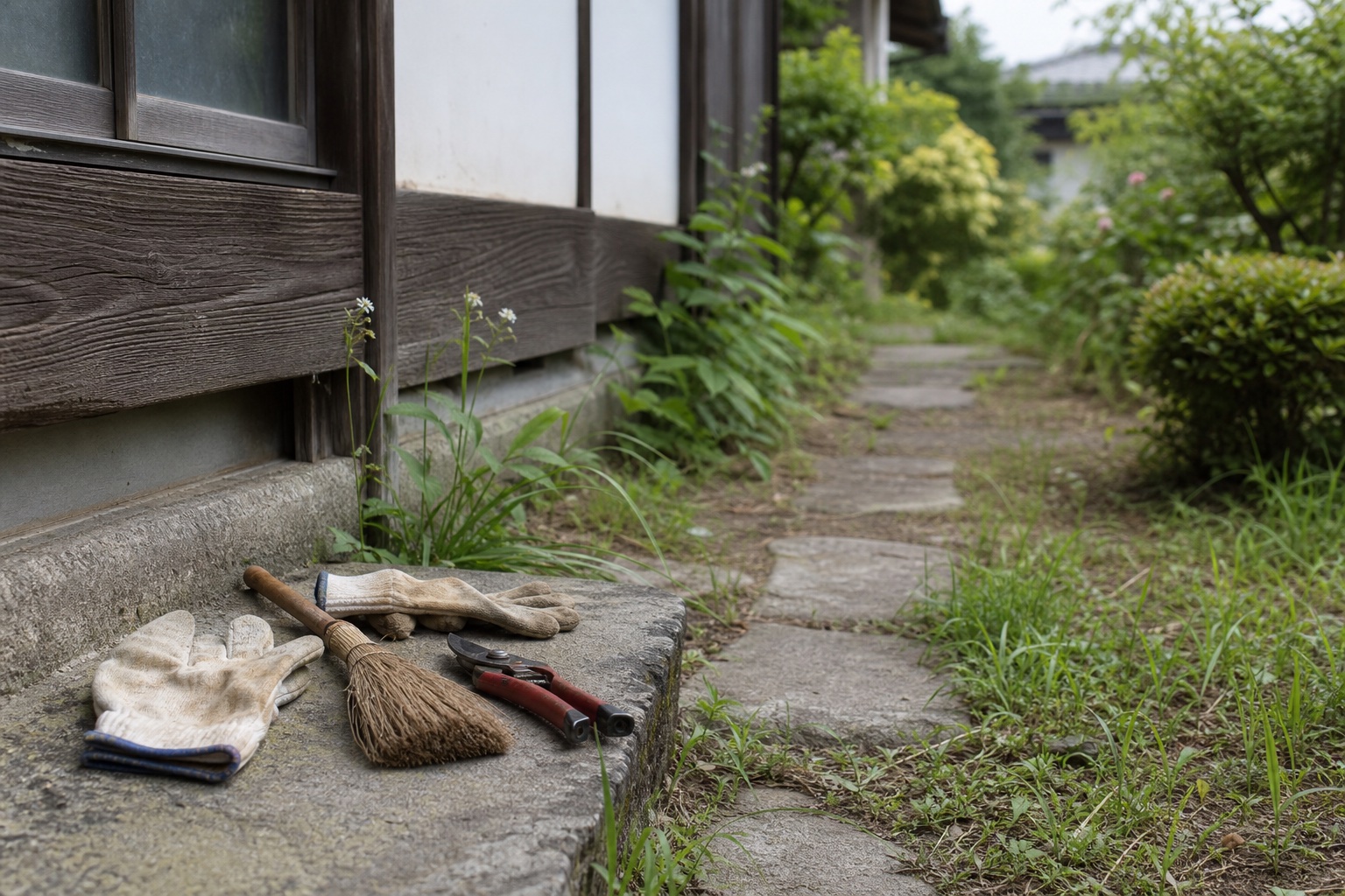 母が少しずつ手入れしていた実家の庭先と道具