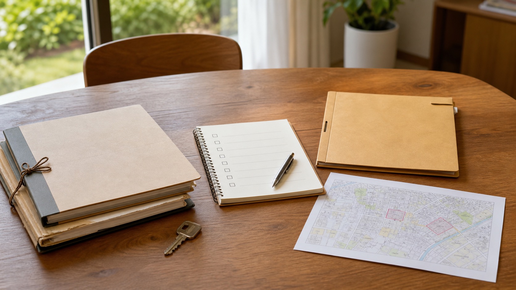 実家の名義メモを作るために書類と地図を机に並べた様子