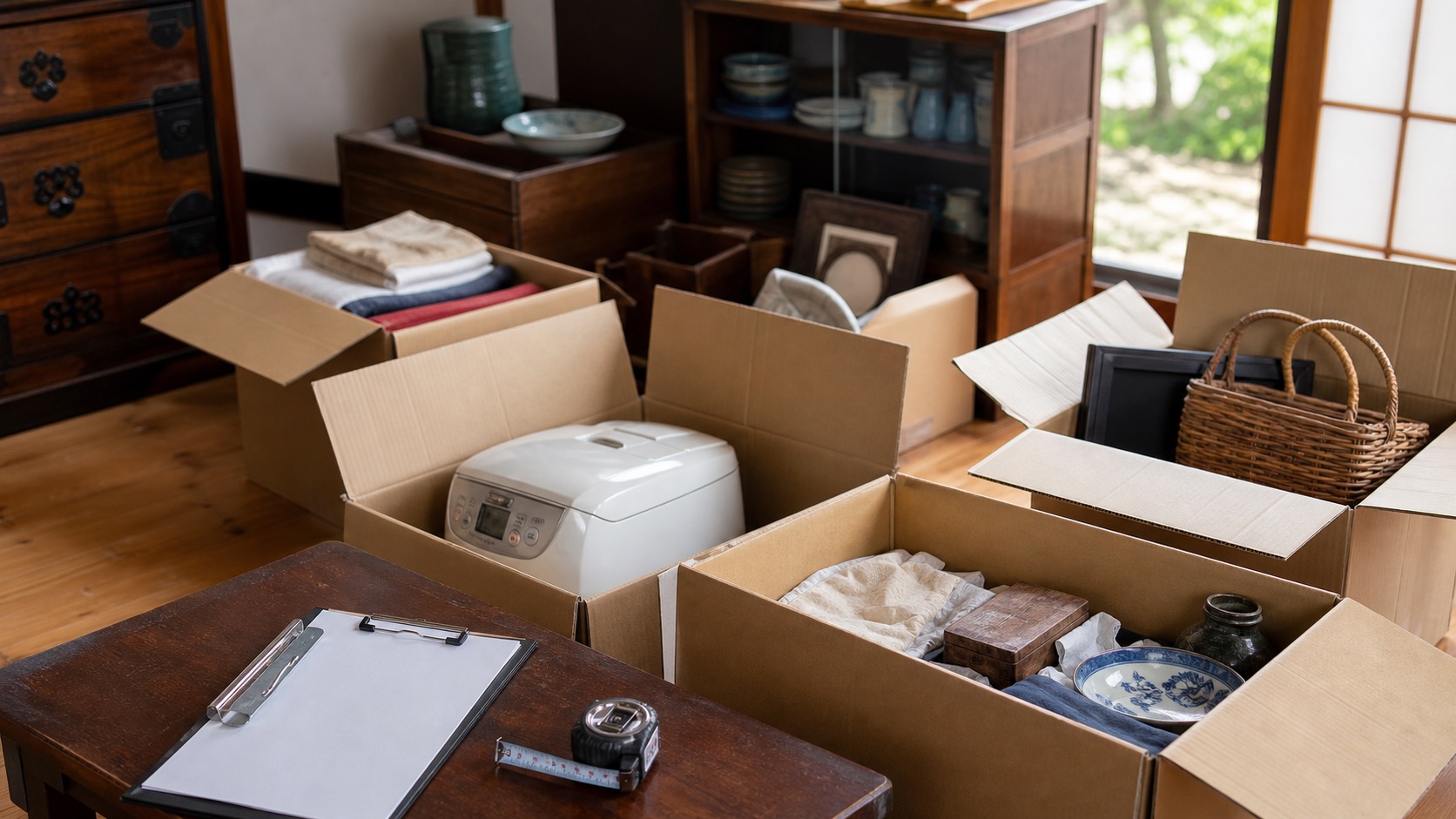 実家の荷物量を確認しながら不用品回収の見積もりを考える部屋