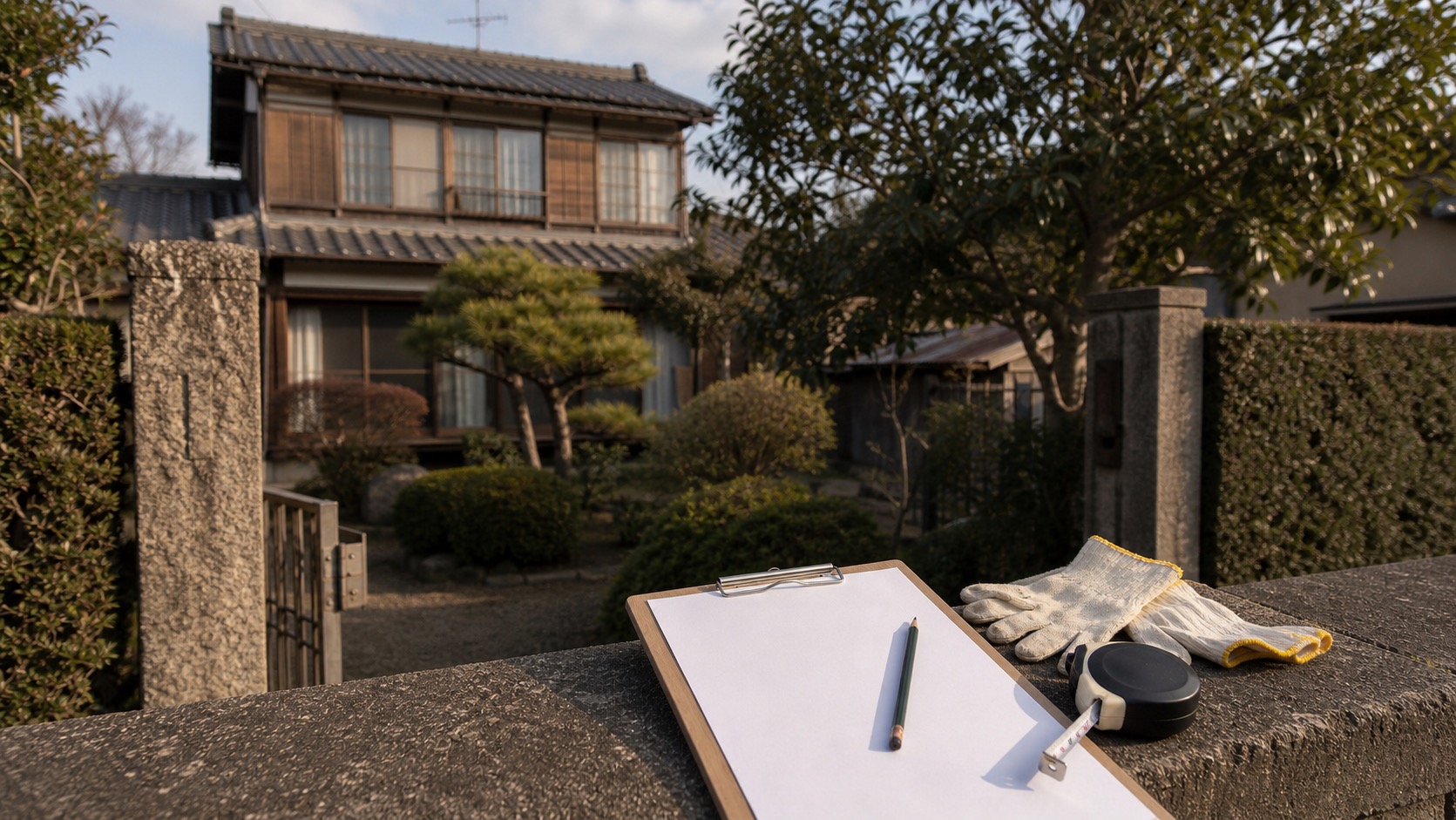 垣根に囲まれた二階建ての母屋と小屋の解体費用を考えるために現地でメモを取る準備