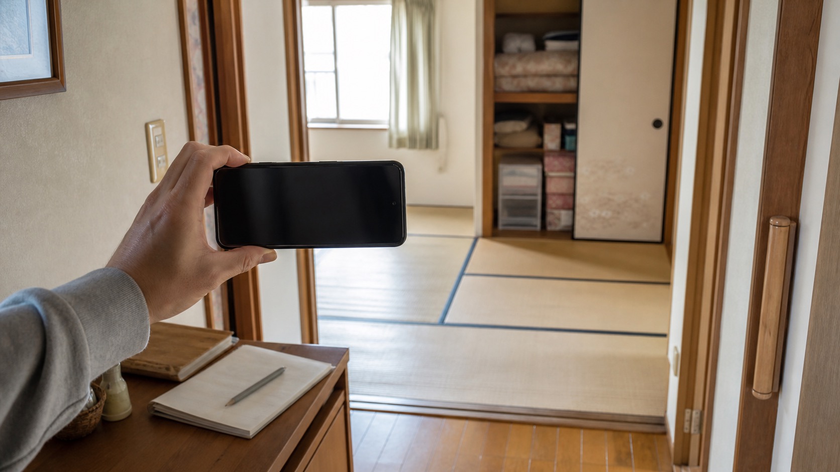 片付ける前の実家の部屋をスマートフォンで記録する様子