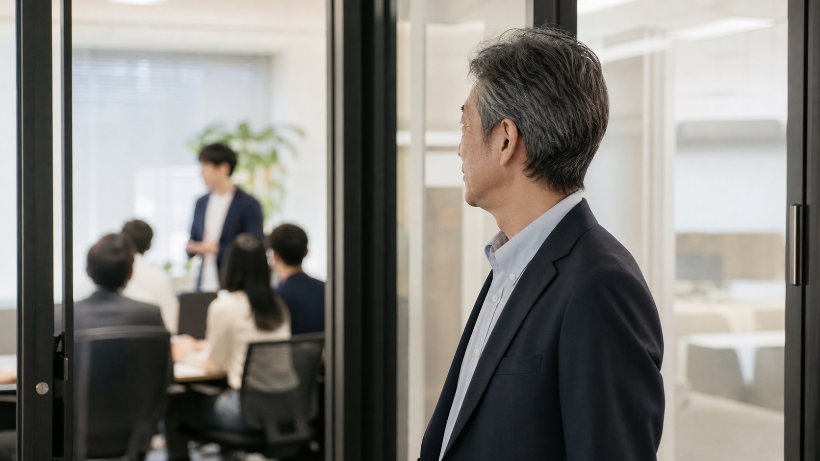 会議室の外から立場の変化を見つめる50代後半の会社員