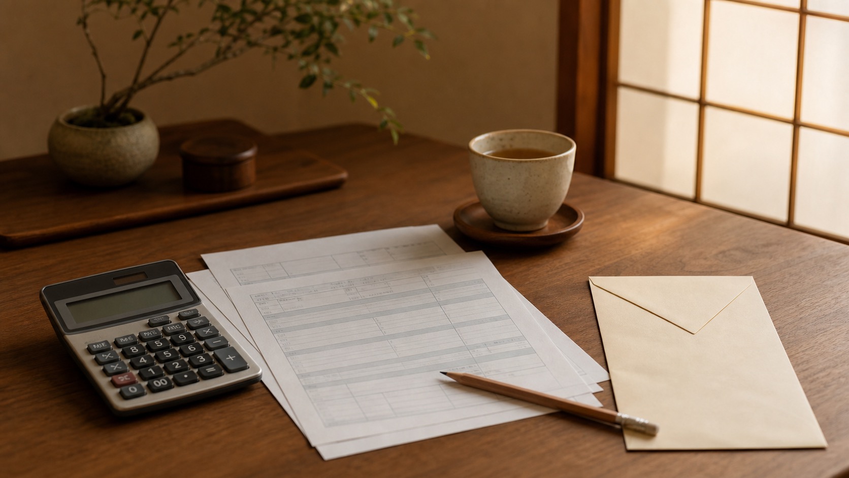 家族葬の費用内訳を考える机の上の見積書と電卓
