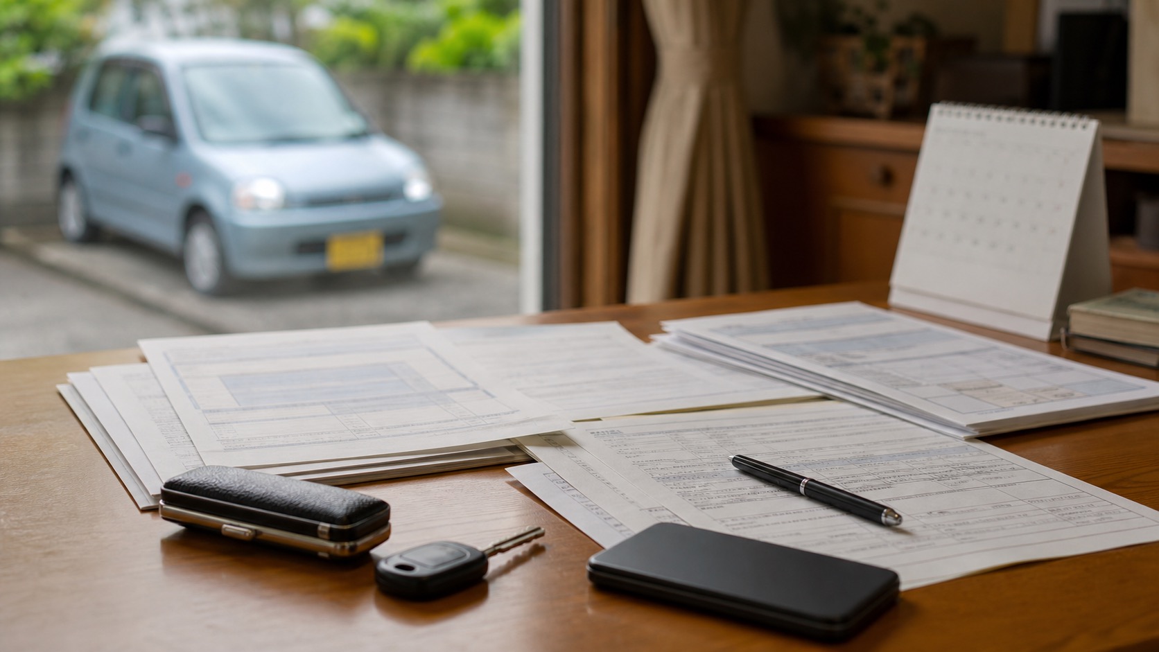 車の処分と保険解約に必要な書類が並ぶ食卓