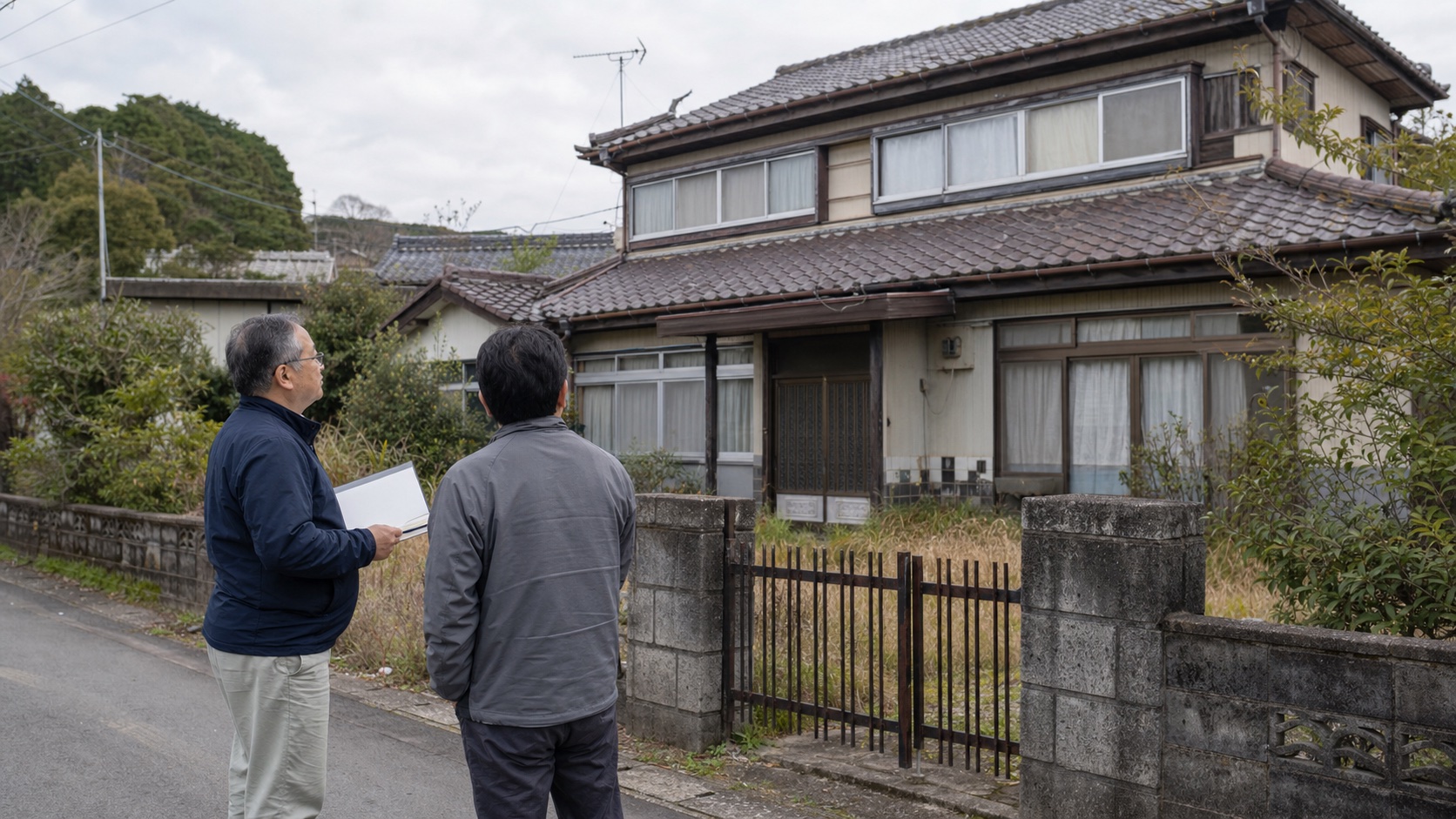 古い地方の実家を前に売却や管理について話す同世代の男性たち