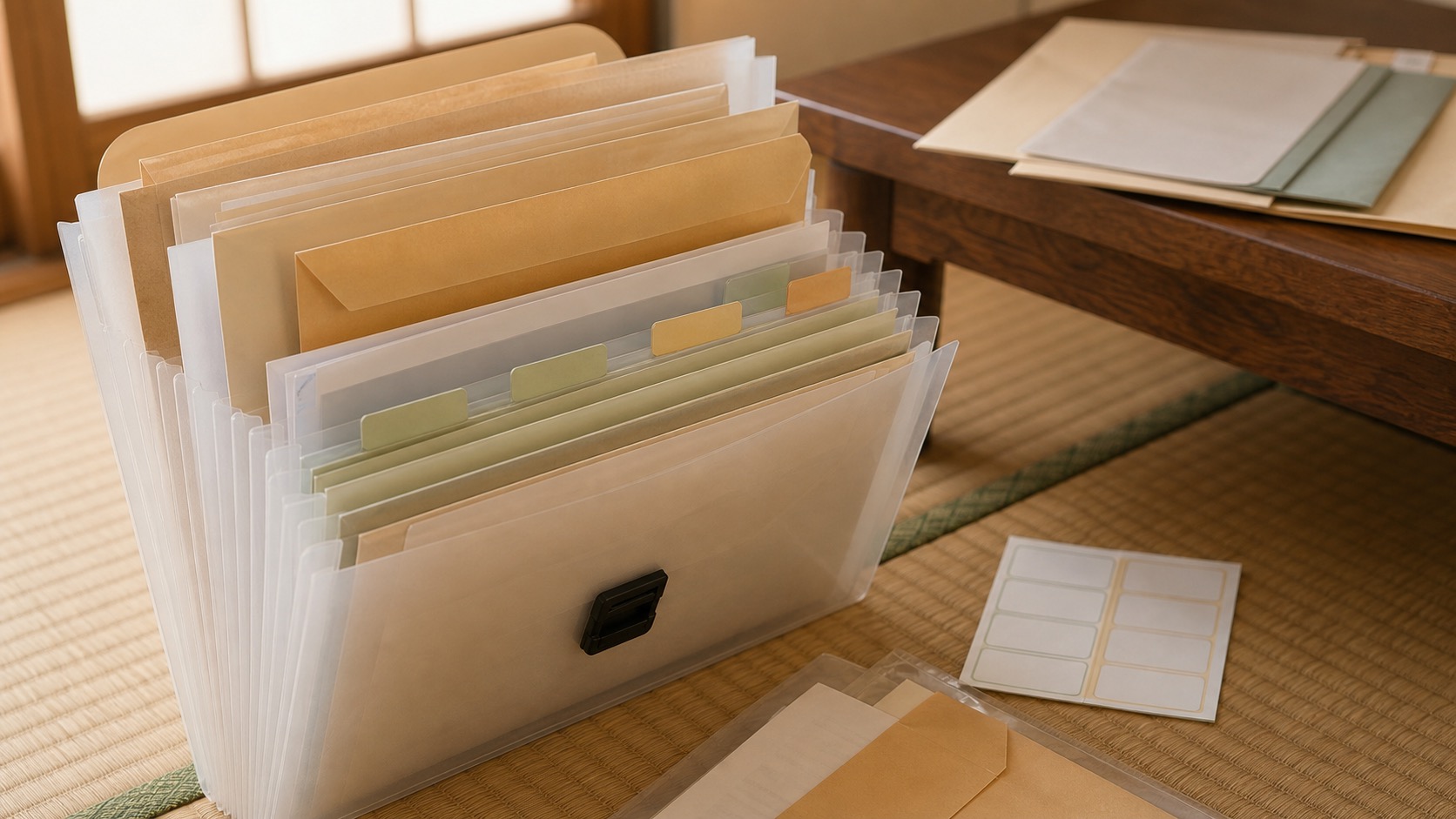 親の保険証書をアコーディオンファイルに分けて整理する様子