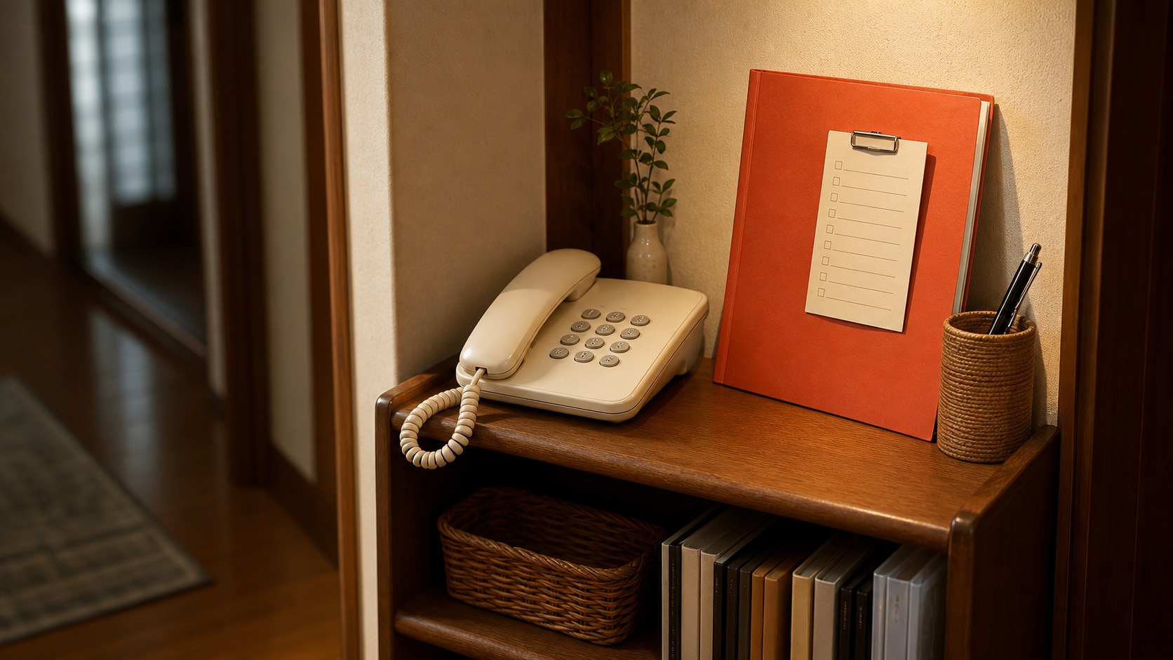 家族がすぐ連絡できるよう電話と保険関係の連絡フォルダを置いた棚