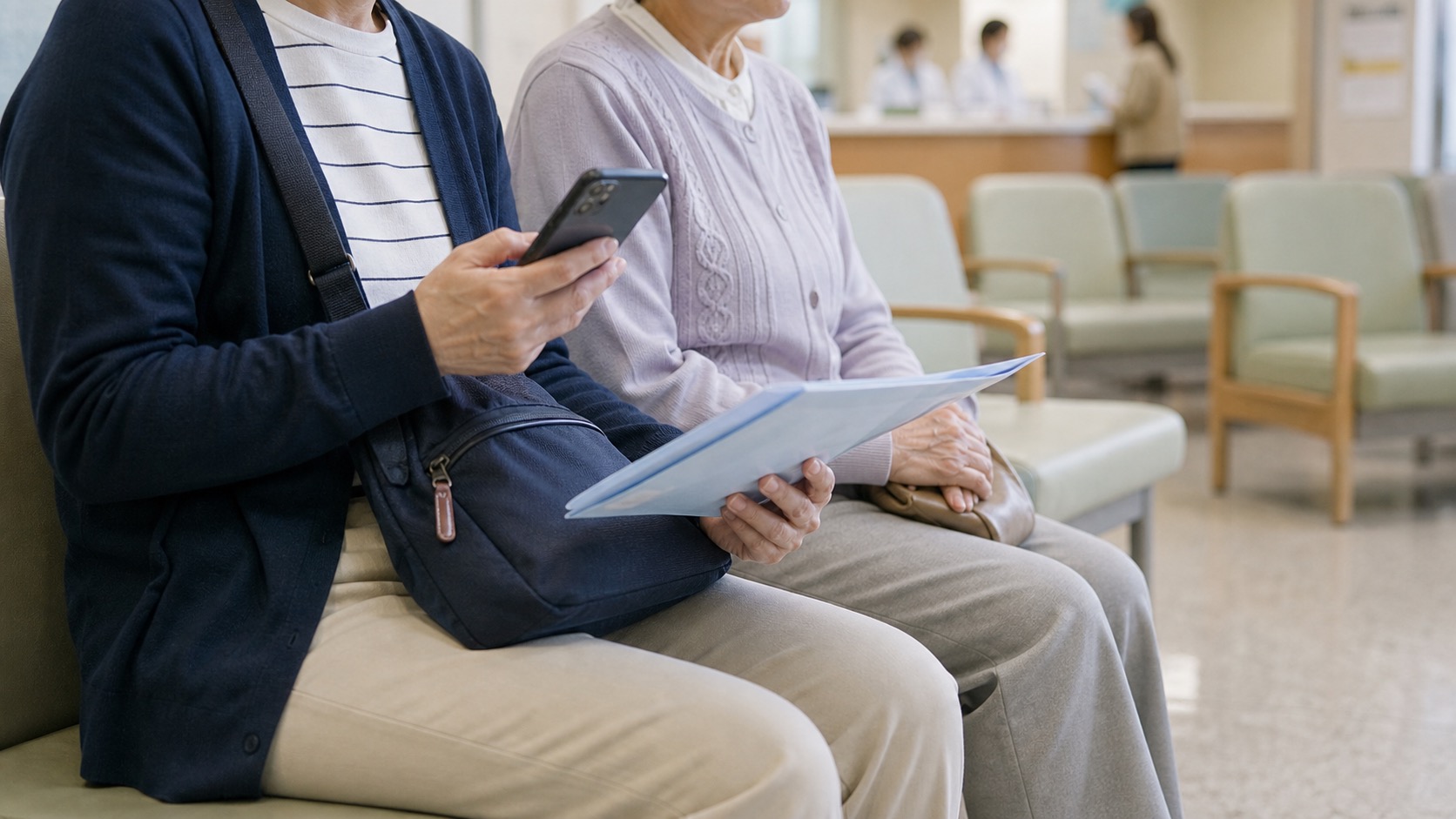 病院の待合で親の通院付き添い中に時間と書類を確認する様子