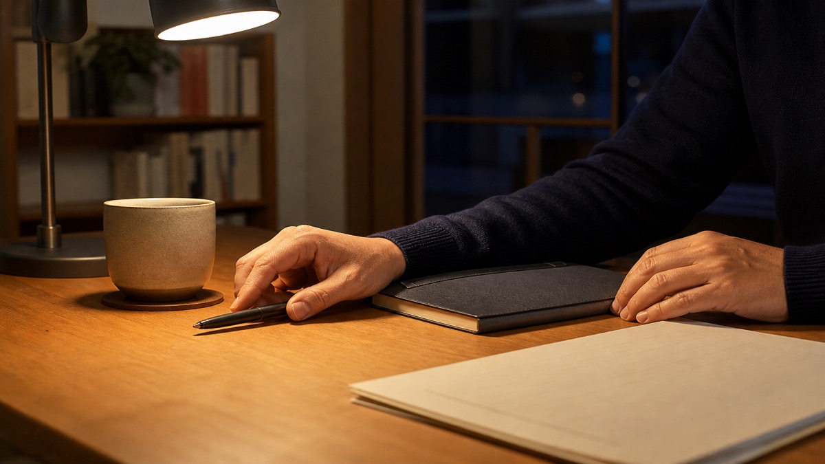 仕事に感情を持ち込まないために夜の机でペンを置く50代会社員の手元