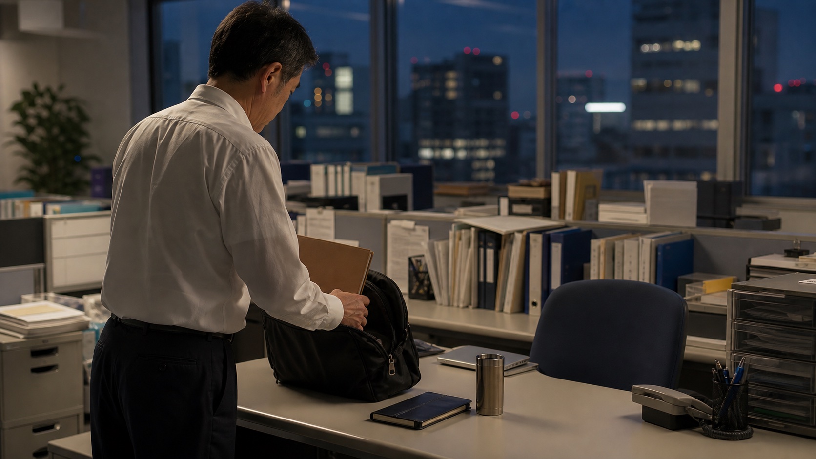 30年近く勤めた会社を辞める前に机を整理する会社員