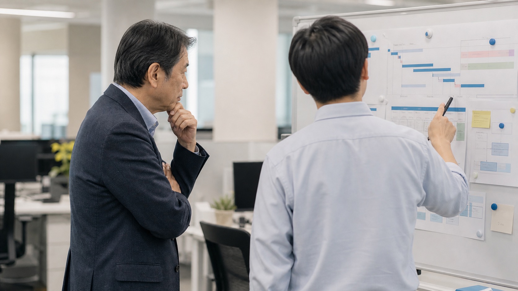若い社員の進め方を管理職が少し離れて聞く場面