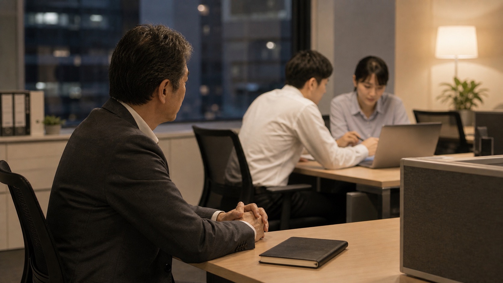若い世代が話し合う様子を管理職が少し離れて見守る場面