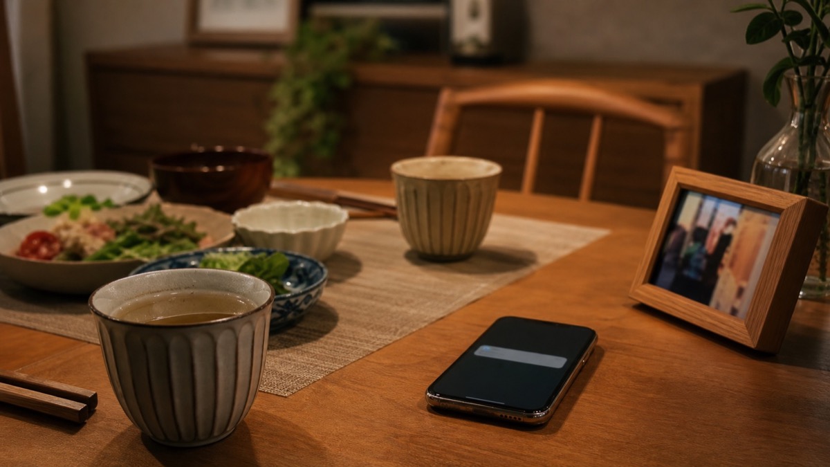 夫婦二人の食卓に置かれたスマートフォンと家族写真