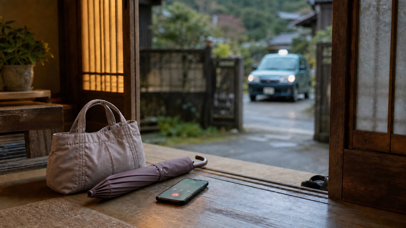 通院に備えて玄関に置いた高齢女性の普段使いの布製バッグと傘、家の外で待つタクシー