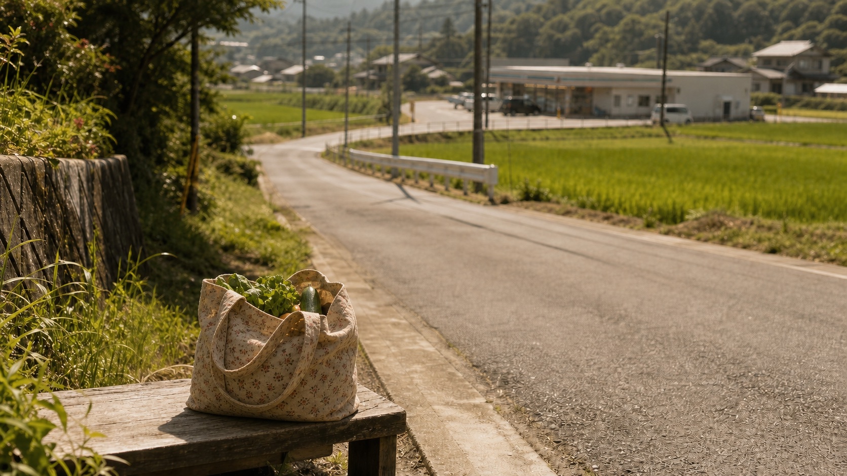 田舎の実家から小さなスーパーまでの道とベンチに置いた買い物袋