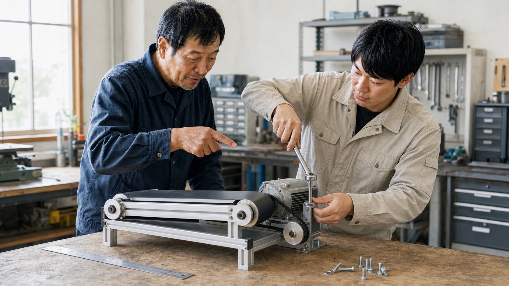 小型ベルトコンベヤーにモーターとベルトを組み付けながら経験を教える男性