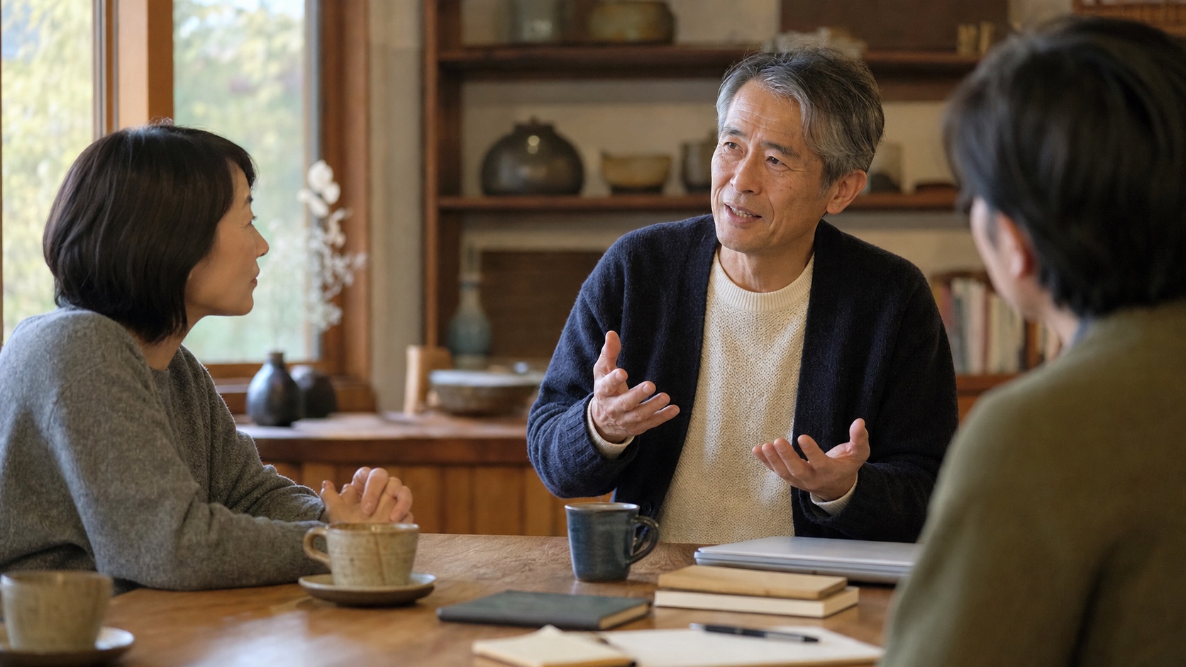 肩書きに頼らず、自分のことを話す50代後半の男性と聞き手