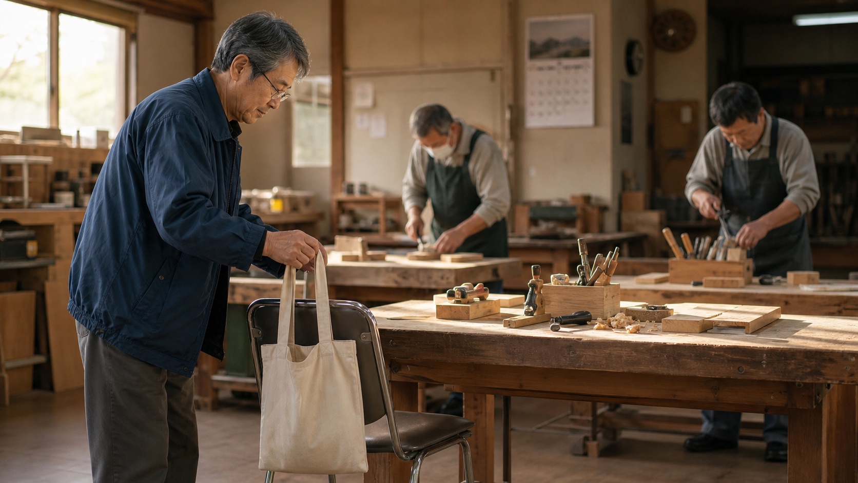 会社の外で定期的な居場所に戻る男性と地域の木工作業場