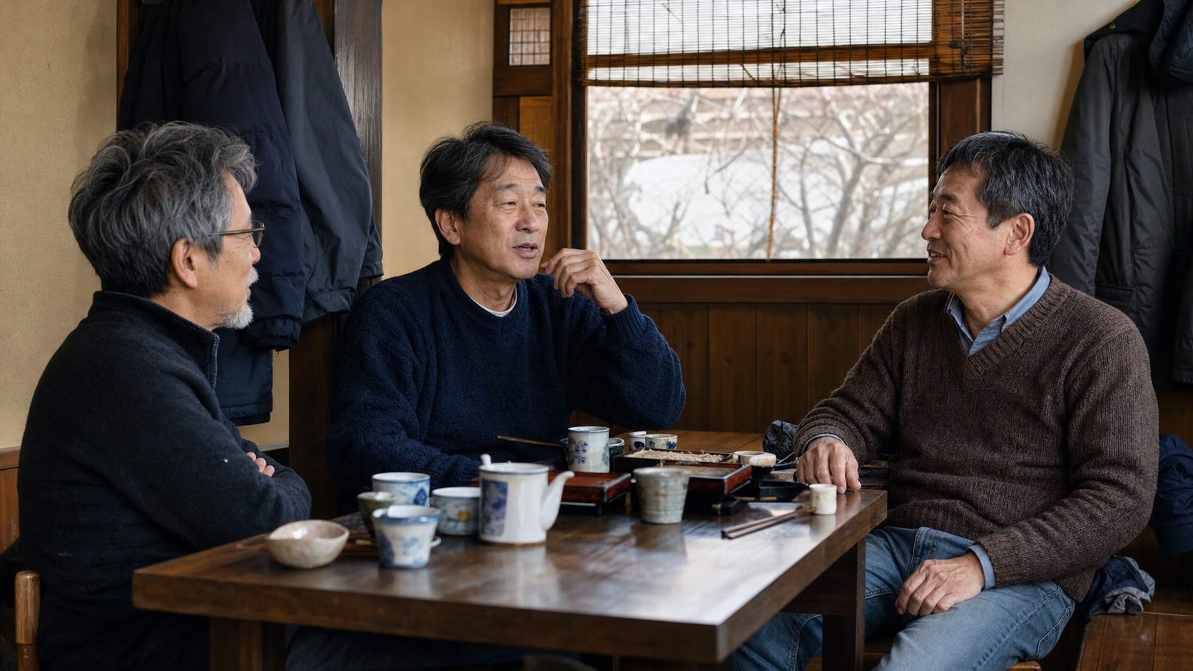 年末年始に食事をしながら近況を話す同年代の友人三人