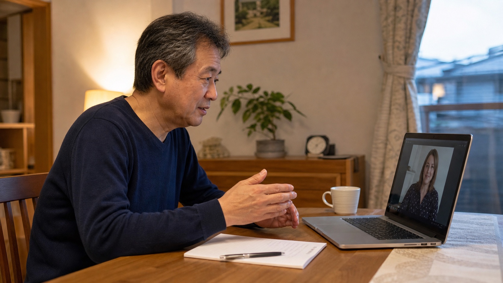 自宅でオンライン英会話を続ける50代後半の男性