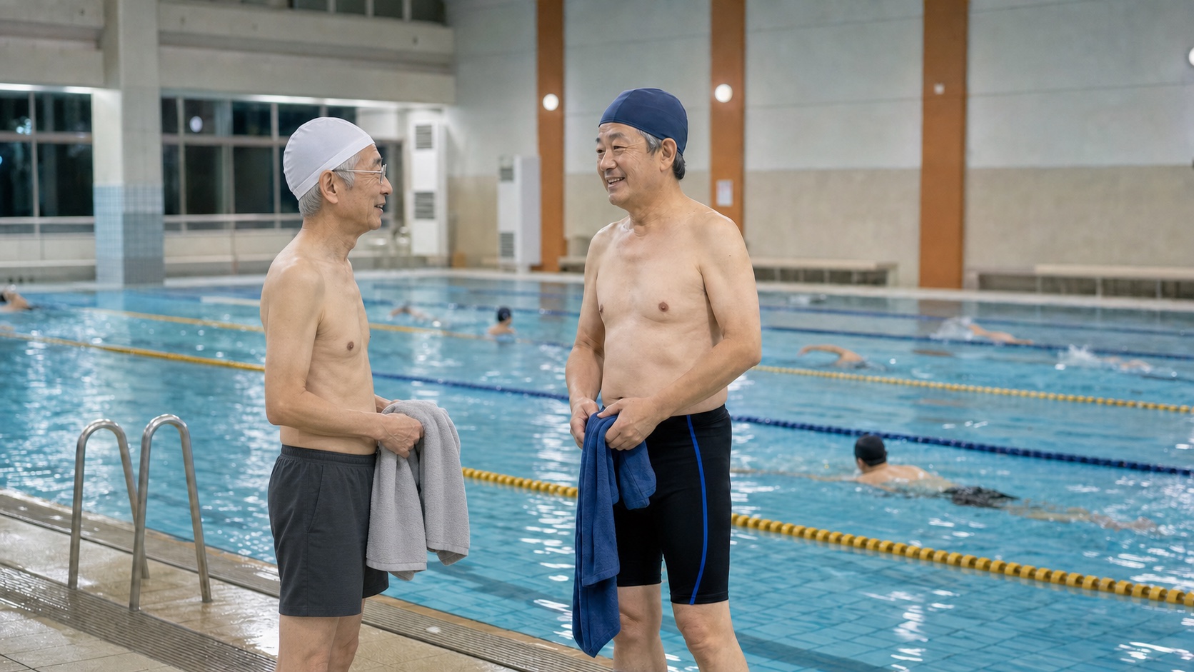 市民プールで泳ぐ前に言葉を交わす、見た目の異なる二人の男性