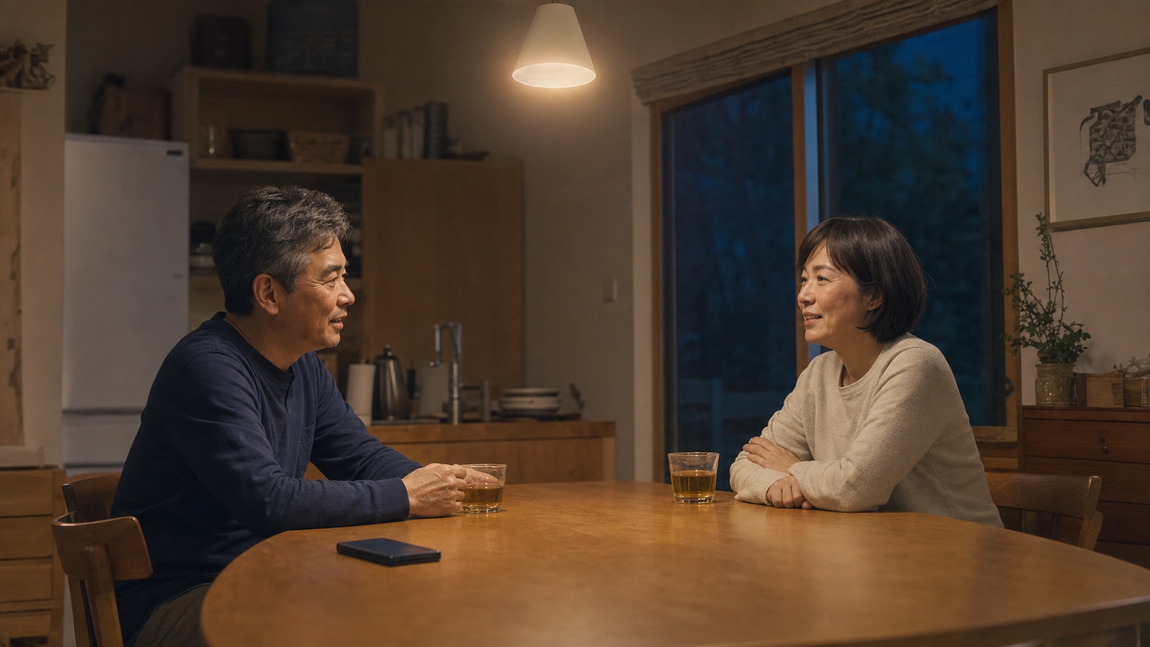 一日の終わりに食卓で短く話す50代後半の夫婦