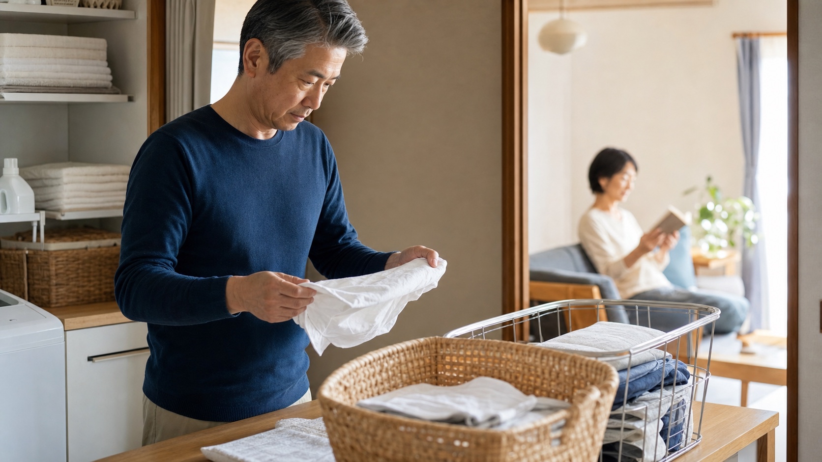 洗濯物を自分の担当として片付ける50代後半の夫