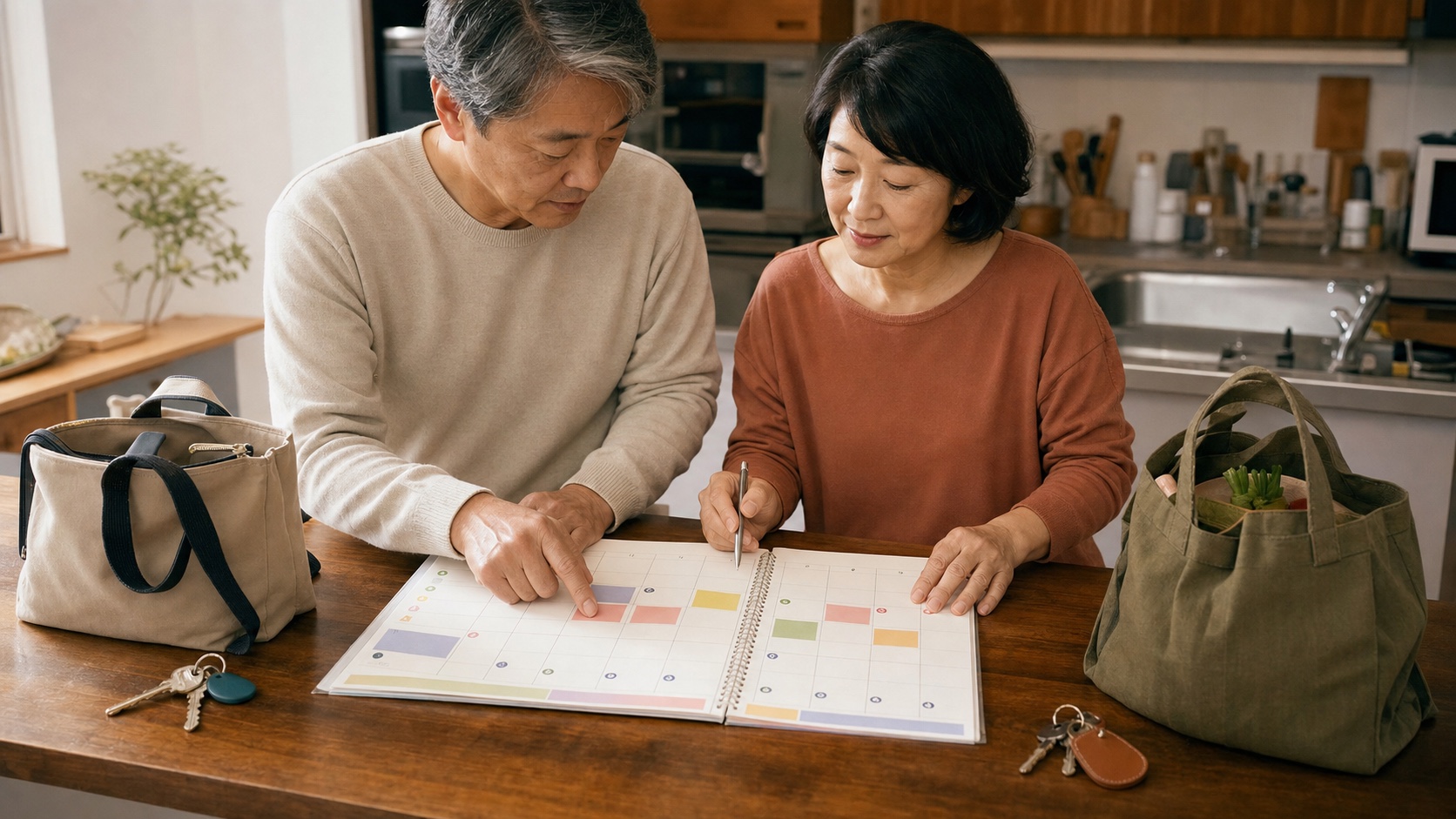 二つの実家の用事を週間予定表で確認する夫婦