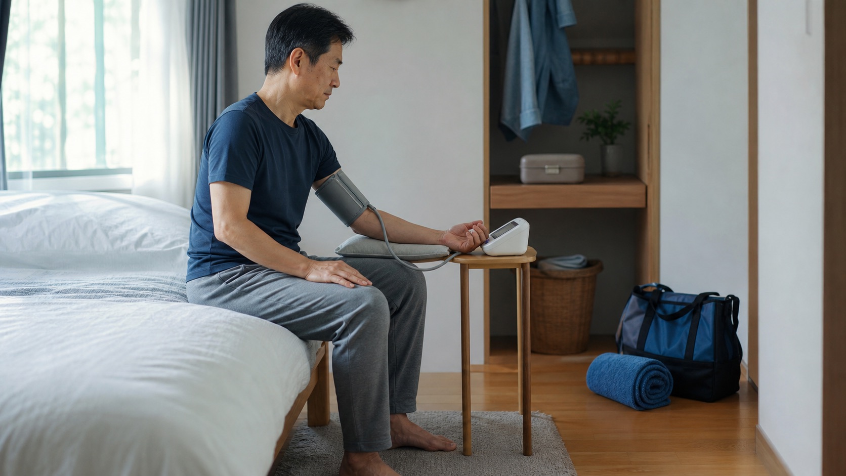 朝に血圧を測り、運動の準備も続ける50代後半の男性