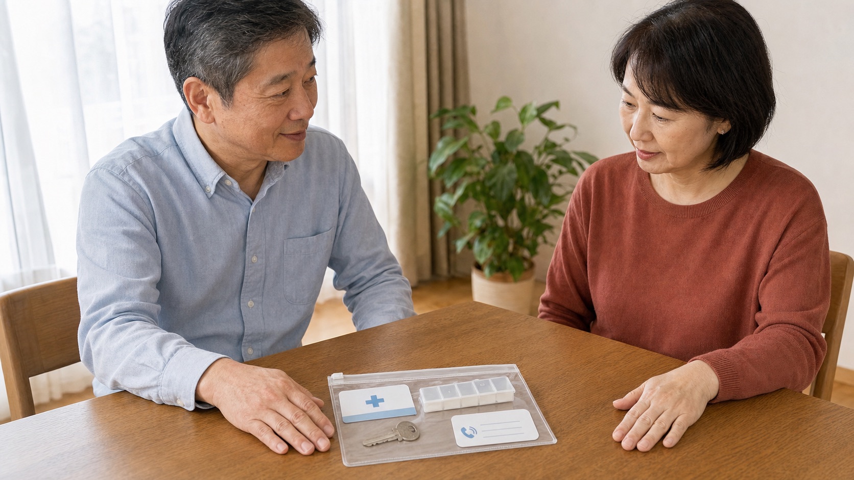 自分の医療・緊急情報を一つのポーチにまとめ、妻と共有する50代後半の男性