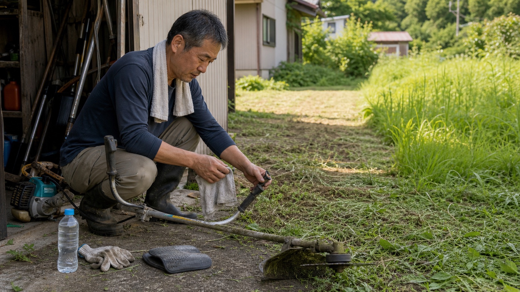 実家の草刈りを半日で切り上げ、道具を片付ける50代後半の男性