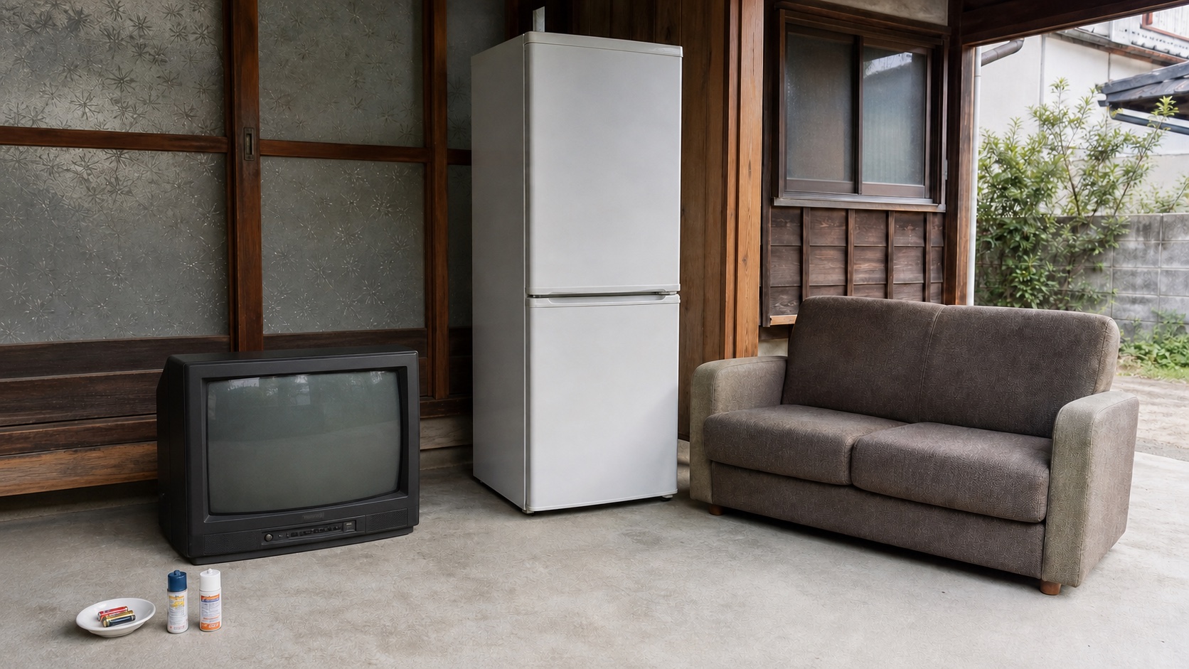処分方法が異なるブラウン管テレビ・冷蔵庫・古いソファーを分けて置いた実家の作業場