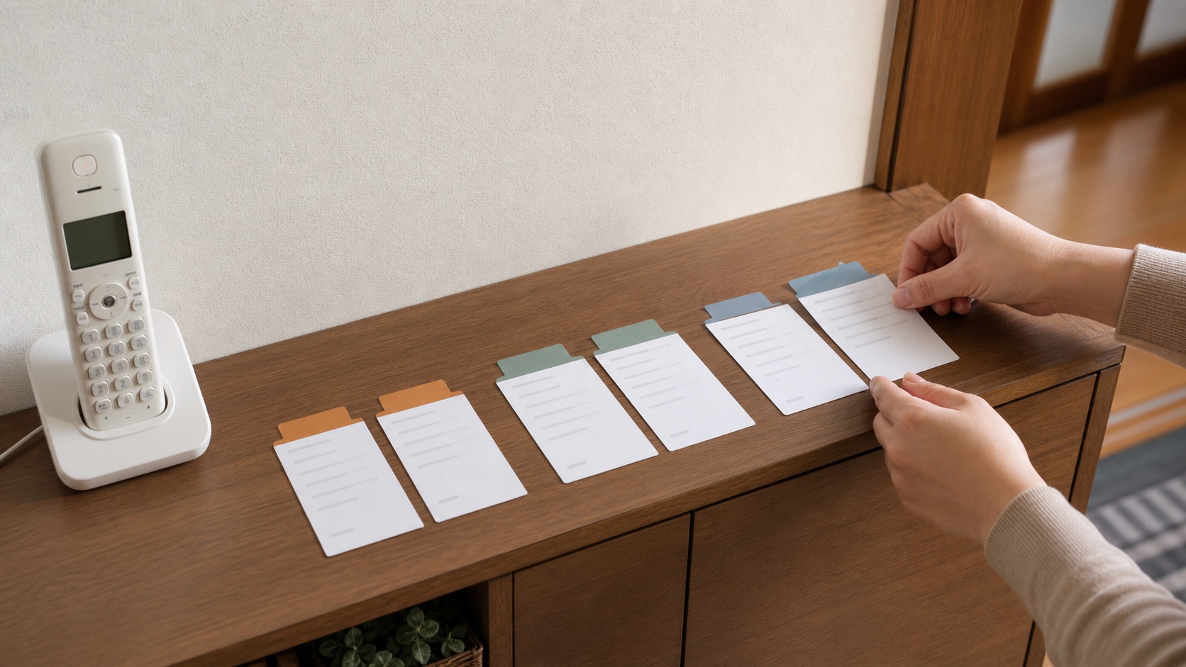 家族・近所・専門窓口の役割ごとに連絡先カードを分ける場面