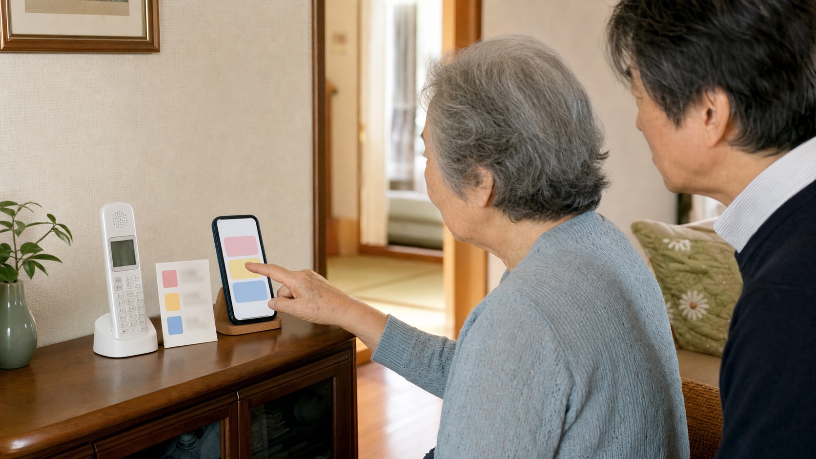 紙とスマートフォンの連絡順をそろえて電話操作を試す母と息子
