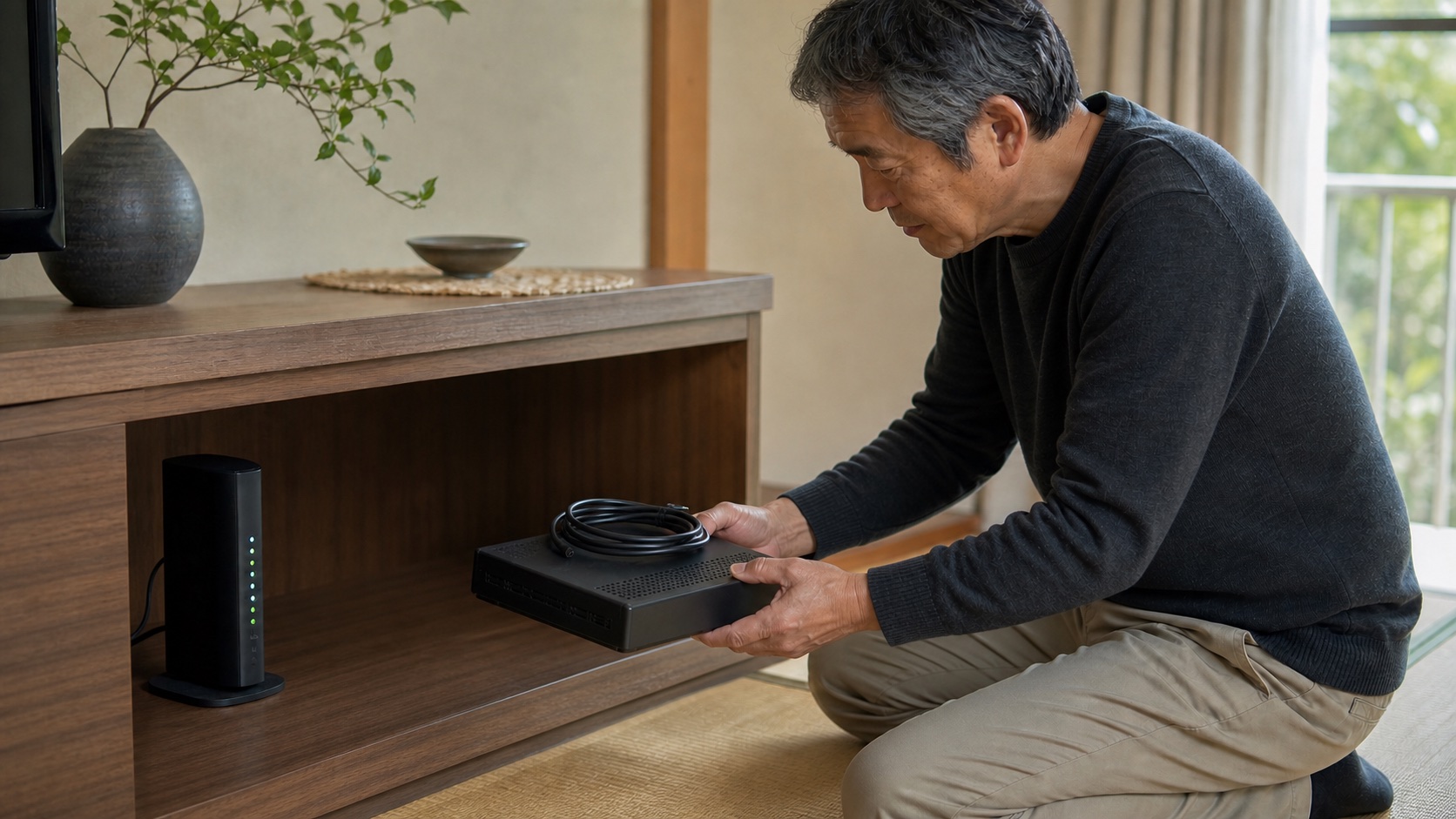使用中のルーターを残し、使っていない通信機器と外した配線を取り出す50代後半の男性