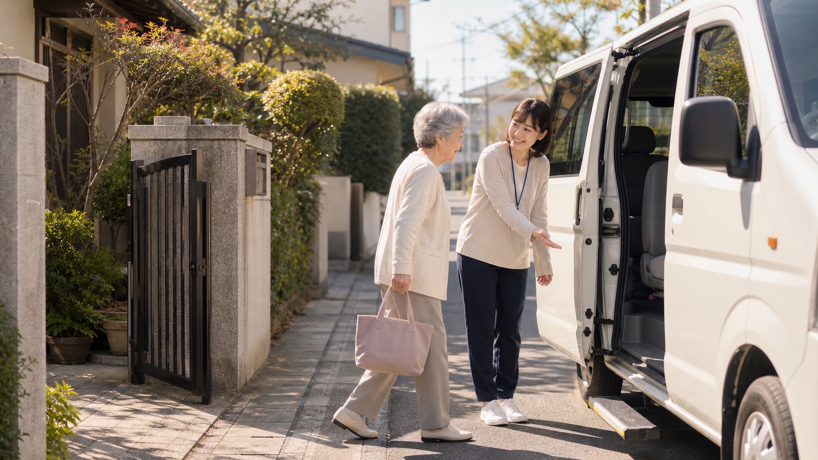 自宅から通所サービスの送迎車へ向かう高齢の母