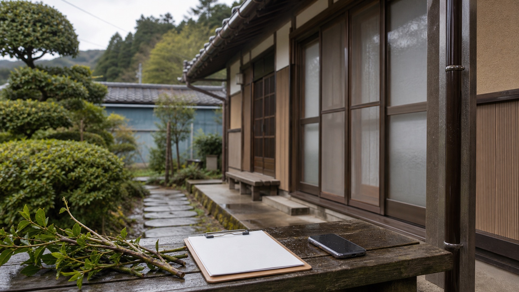 空き家の雨どいや庭木を点検して記録する外まわり