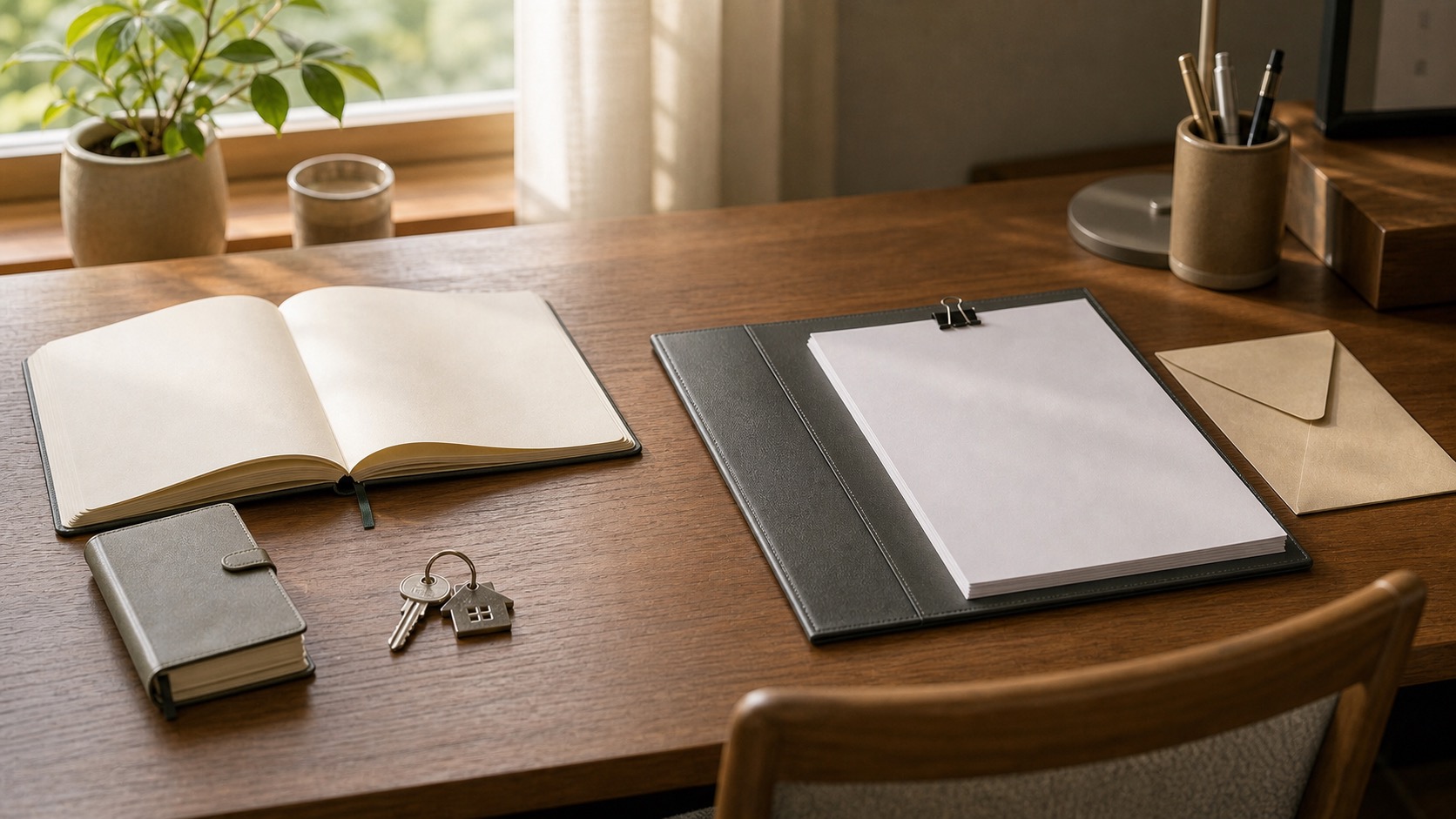 エンディングノートと遺言書の役割の違いを窓際の机で整理するノートと書類