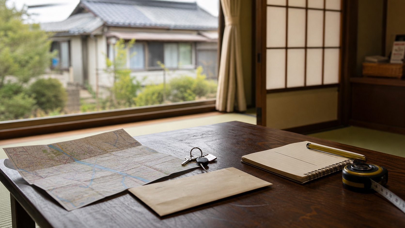 実家の土地や建物を確認する地図と鍵と書類