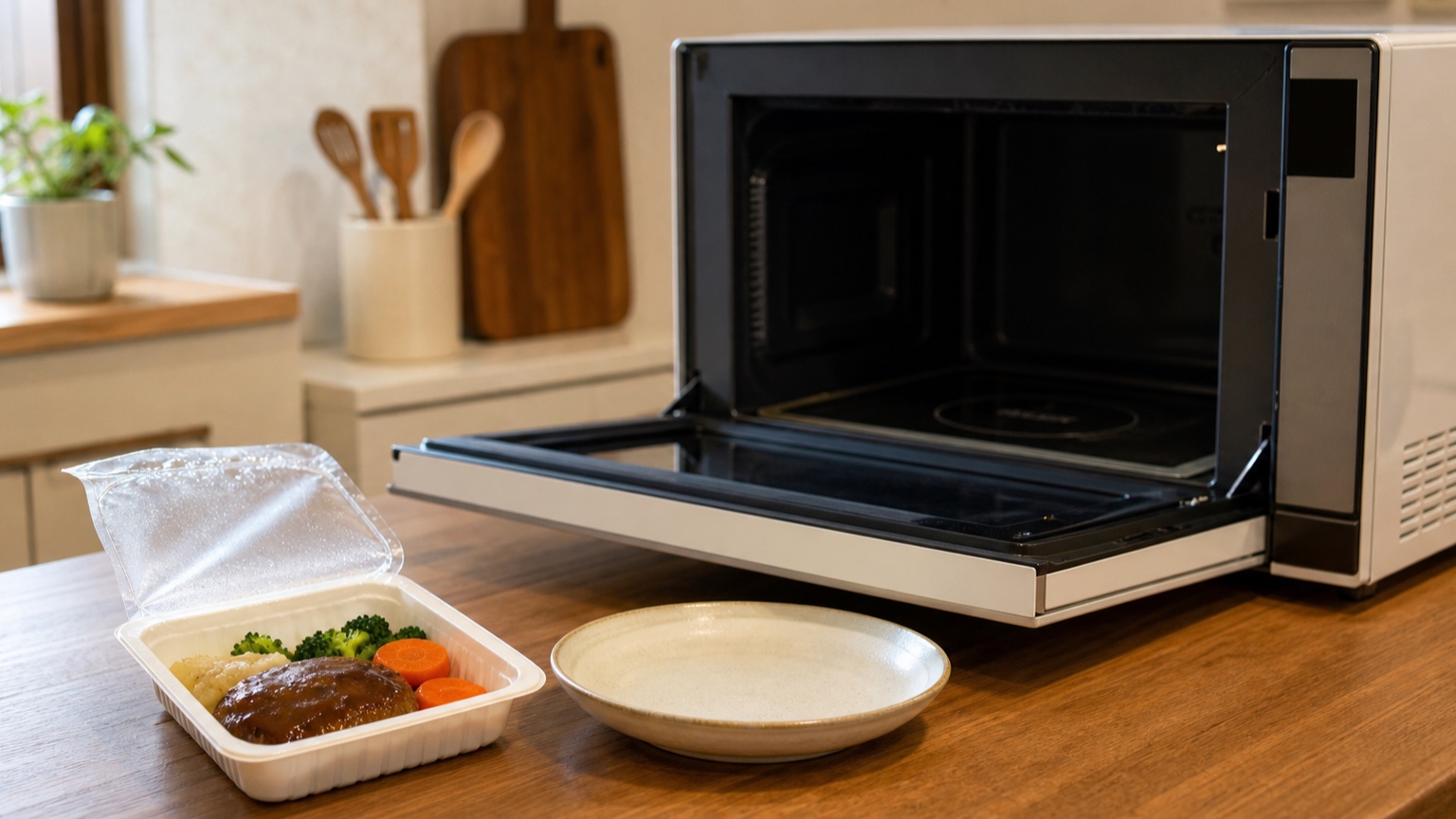 電子レンジと開けた食事容器、皿から食事の準備動作を考える場面