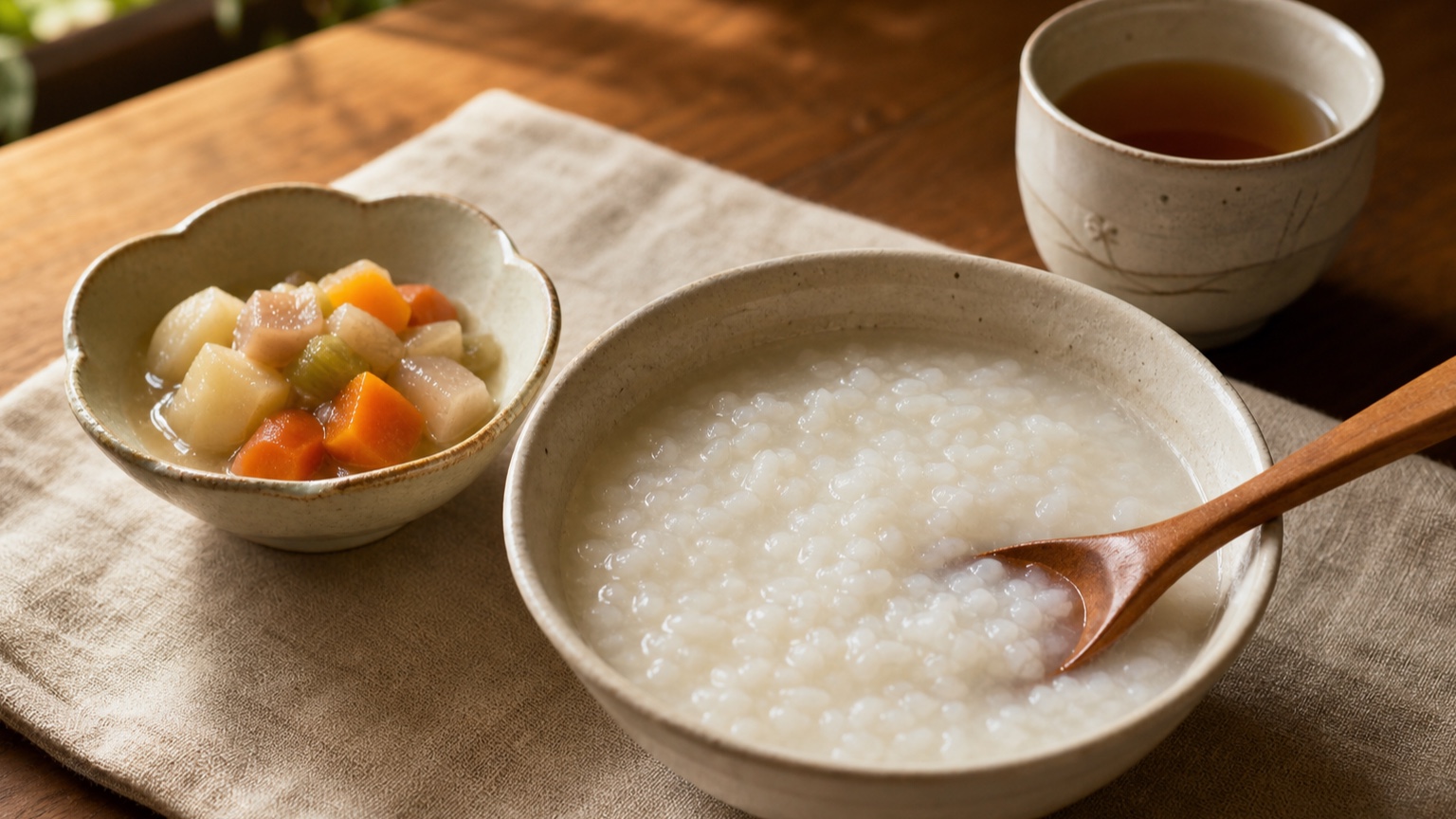 おかゆや柔らかい煮物など食べやすい食事を用意した食卓