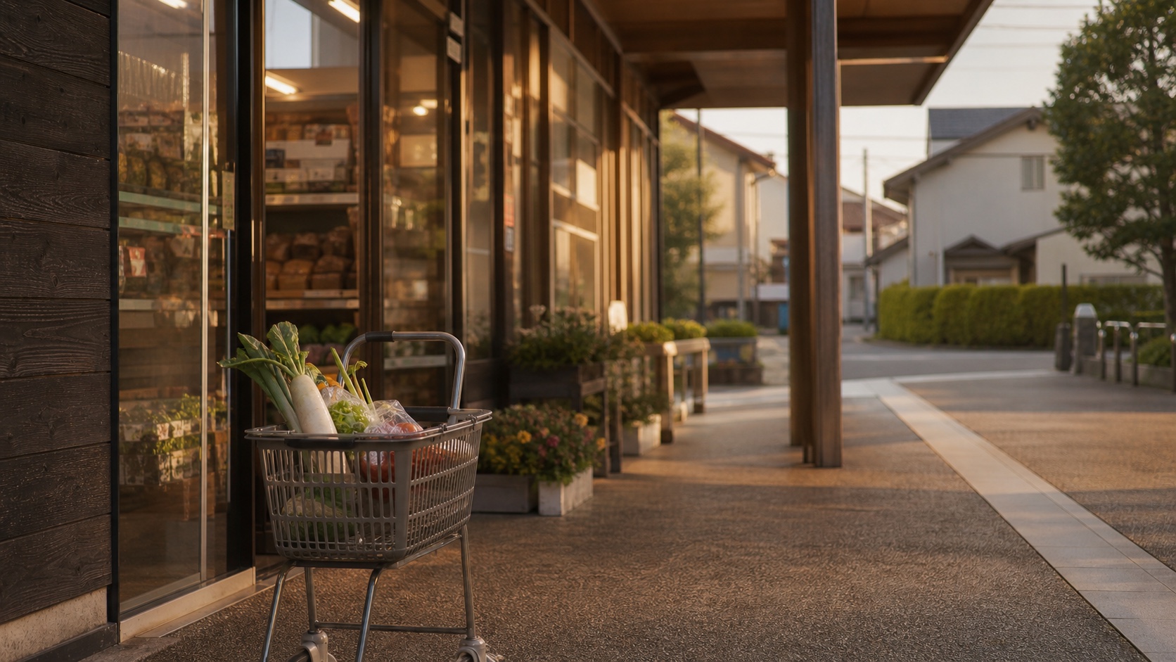 免許返納後の親との買い物を考える地域の店先