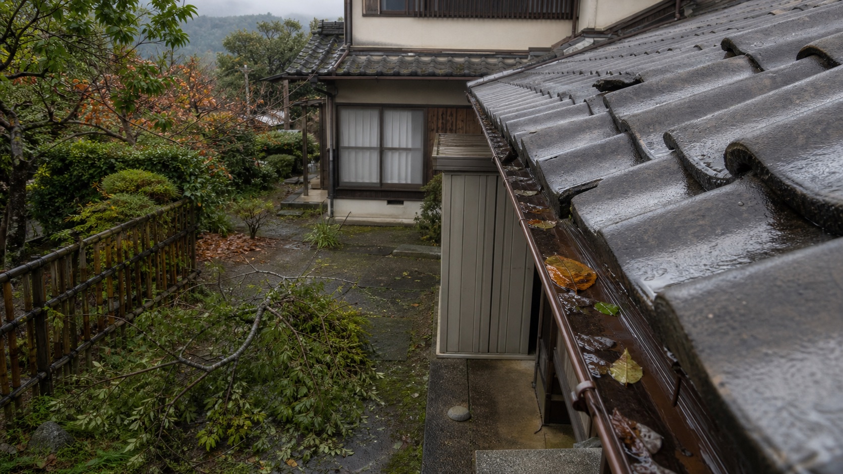 雨上がりの実家で屋根と雨どい、庭木を確認する